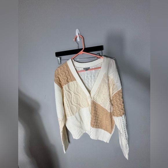 Falls creek patchwork V neck cable knit cream size XL - Picture 2 of 13